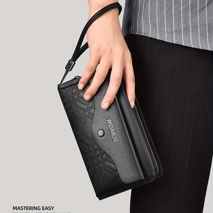 men's business clutch bag, large capacity handbag, double zipper wallet, multi card slots purse, PU leather men's accessory, waterproof men's bag, Australian professional clutch, executive clutch bag - Black - Size M