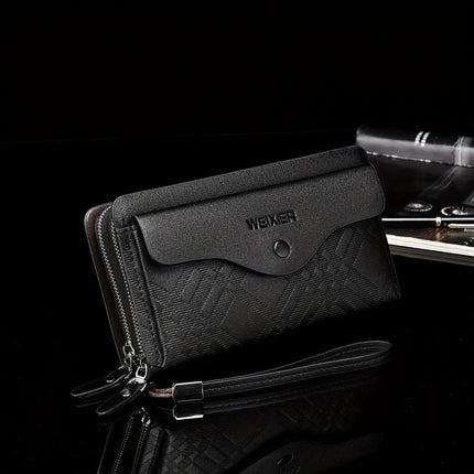 men's business clutch bag, large capacity handbag, double zipper wallet, multi card slots purse, PU leather men's accessory, waterproof men's bag, Australian professional clutch, executive clutch bag - Black - Size M