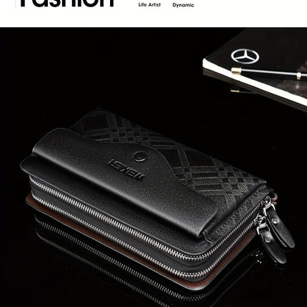 men's business clutch bag, large capacity handbag, double zipper wallet, multi card slots purse, PU leather men's accessory, waterproof men's bag, Australian professional clutch, executive clutch bag - Black - Size M