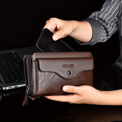 men's business clutch bag, large capacity handbag, double zipper wallet, multi card slots purse, PU leather men's accessory, waterproof men's bag, Australian professional clutch, executive clutch bag - Dark Brown - Size M