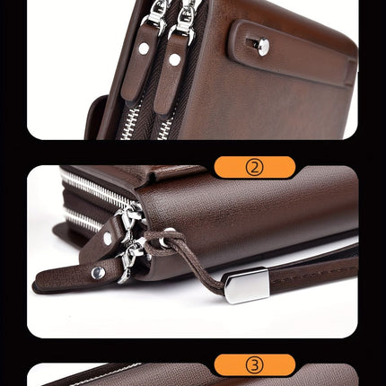 men's business clutch bag, large capacity handbag, double zipper wallet, multi card slots purse, PU leather men's accessory, waterproof men's bag, Australian professional clutch, executive clutch bag - Dark Brown - Size M