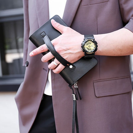 men's business clutch, double zipper handbag, large capacity phone bag, men's accessories, leather clutch bag, business travel wallet, minimalist clutch - Black2 - Size L