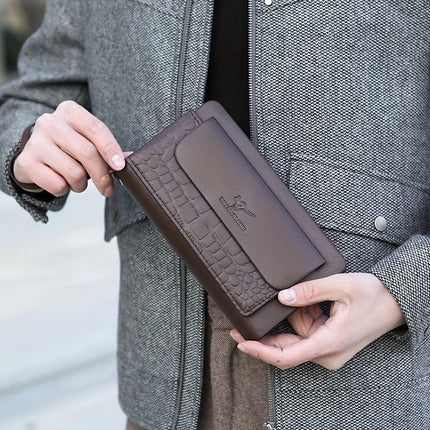 men's business clutch, double zipper handbag, large capacity phone bag, men's accessories, leather clutch bag, business travel wallet, minimalist clutch - Black2 - Size L