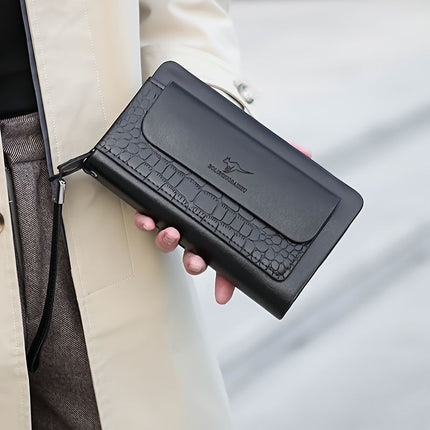 men's business clutch, double zipper handbag, large capacity phone bag, men's accessories, leather clutch bag, business travel wallet, minimalist clutch - Black - Size L