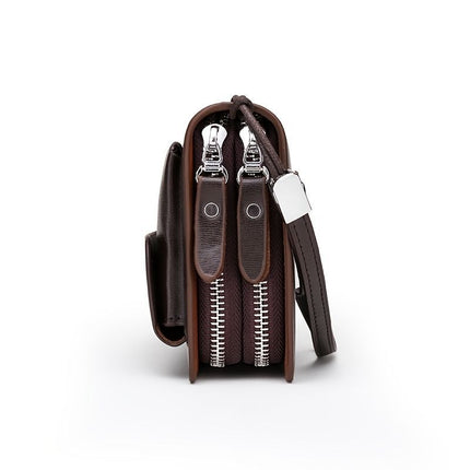 men's business clutch, double zipper handbag, large capacity phone bag, men's accessories, leather clutch bag, business travel wallet, minimalist clutch - Brown - Size L