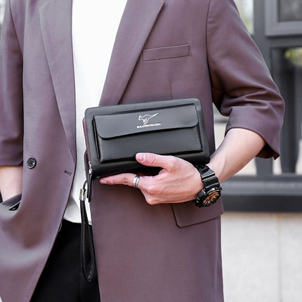 men's business clutch, double zipper handbag, large capacity phone bag, men's accessories, leather clutch bag, business travel wallet, minimalist clutch - Brown2 - Size L