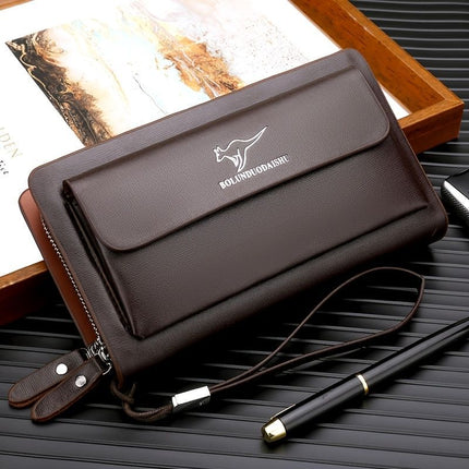 men's business clutch, double zipper handbag, large capacity phone bag, men's accessories, leather clutch bag, business travel wallet, minimalist clutch - Brown2 - Size L
