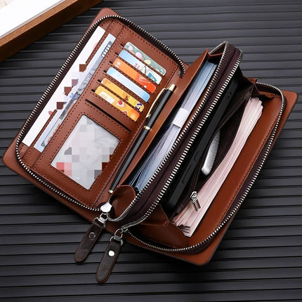 men's business clutch, double zipper handbag, large capacity phone bag, men's accessories, leather clutch bag, business travel wallet, minimalist clutch - Brown2 - Size L