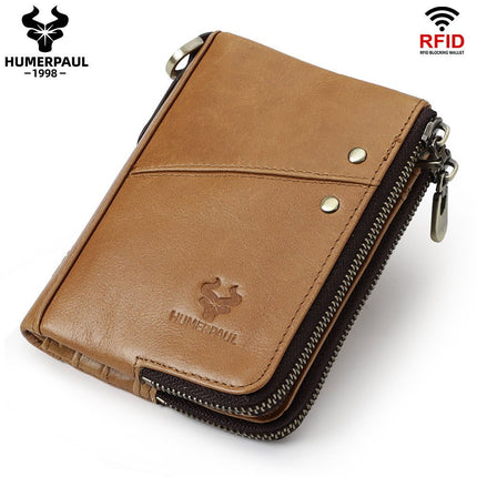 men's genuine leather wallet, RFID blocking wallet, double zipper coin purse, multiple card slots wallet, men's accessory, Australian wallet, leather coin purse, secure wallet men - Black - Size M