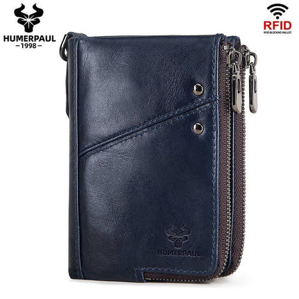 men's genuine leather wallet, RFID blocking wallet, double zipper coin purse, multiple card slots wallet, men's accessory, Australian wallet, leather coin purse, secure wallet men - Red - Size M