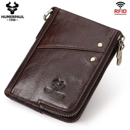 men's genuine leather wallet, RFID blocking wallet, double zipper coin purse, multiple card slots wallet, men's accessory, Australian wallet, leather coin purse, secure wallet men - Red - Size M