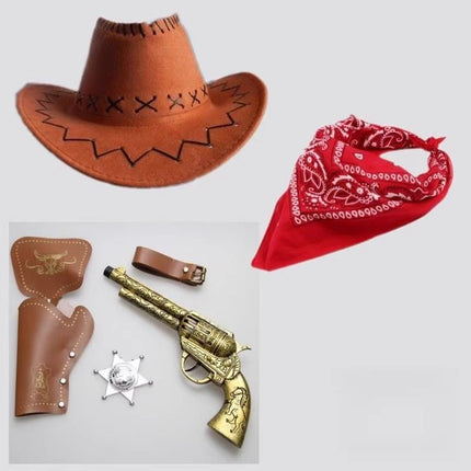 kids cowboy hat, western hat for children, sun protection hat kids, leather wide brim hat, boys girls party hat, outdoor hat Australia, performance hat kids, retro western accessories - Brown - Size 3PCS Adult version
