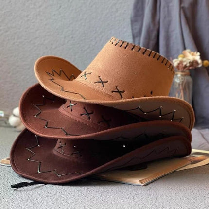 kids cowboy hat, western hat for children, sun protection hat kids, leather wide brim hat, boys girls party hat, outdoor hat Australia, performance hat kids, retro western accessories - Light Brown - Size 3PCS Kid