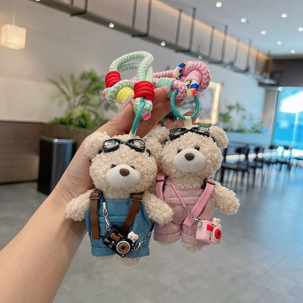 cute teddy bear keychain, plush teddy bear, teddy bear with goggles, teddy bear overalls, fashion keychain, bag charm, cute accessories - Pink - Size 1