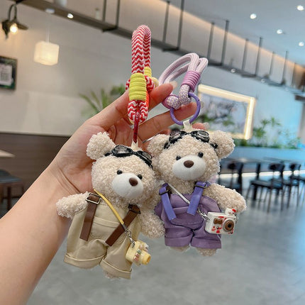cute teddy bear keychain, plush teddy bear, teddy bear with goggles, teddy bear overalls, fashion keychain, bag charm, cute accessories - Pink - Size 1