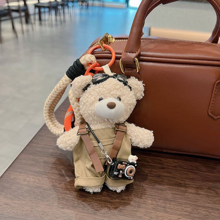 cute teddy bear keychain, plush teddy bear, teddy bear with goggles, teddy bear overalls, fashion keychain, bag charm, cute accessories - Pink - Size 1