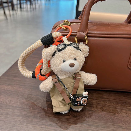 cute teddy bear keychain, plush teddy bear, teddy bear with goggles, teddy bear overalls, fashion keychain, bag charm, cute accessories - Purple - Size 1