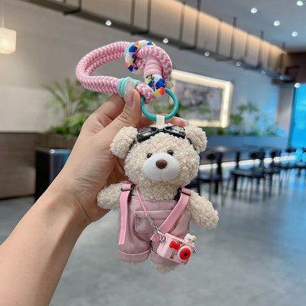 cute teddy bear keychain, plush teddy bear, teddy bear with goggles, teddy bear overalls, fashion keychain, bag charm, cute accessories - Yellow - Size 1