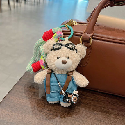 cute teddy bear keychain, plush teddy bear, teddy bear with goggles, teddy bear overalls, fashion keychain, bag charm, cute accessories - Yellow - Size 1