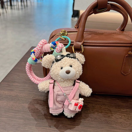 cute teddy bear keychain, plush teddy bear, teddy bear with goggles, teddy bear overalls, fashion keychain, bag charm, cute accessories - Yellow - Size 1