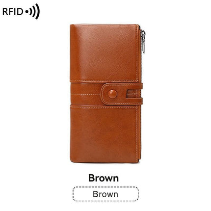 women's leather wallet, anti-skimming wallet, retro style wallet, Korean fashion wallet, long wallet for women, ladies accessory, RFID blocking wallet, genuine leather clutch - Blue - Size L