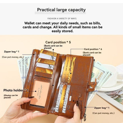 women's leather wallet, anti-skimming wallet, retro style wallet, Korean fashion wallet, long wallet for women, ladies accessory, RFID blocking wallet, genuine leather clutch - Blue - Size L