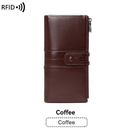 women's leather wallet, anti-skimming wallet, retro style wallet, Korean fashion wallet, long wallet for women, ladies accessory, RFID blocking wallet, genuine leather clutch - Brown - Size L