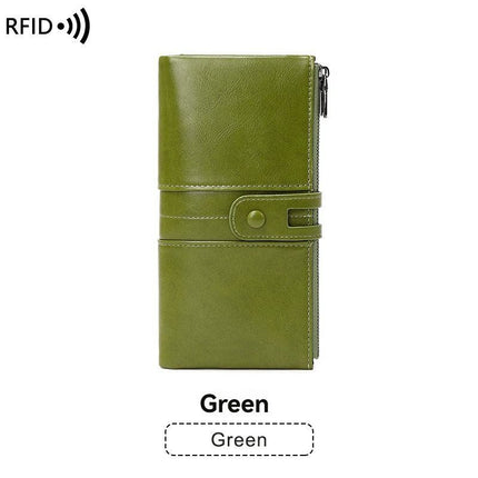 women's leather wallet, anti-skimming wallet, retro style wallet, Korean fashion wallet, long wallet for women, ladies accessory, RFID blocking wallet, genuine leather clutch - Brown - Size L