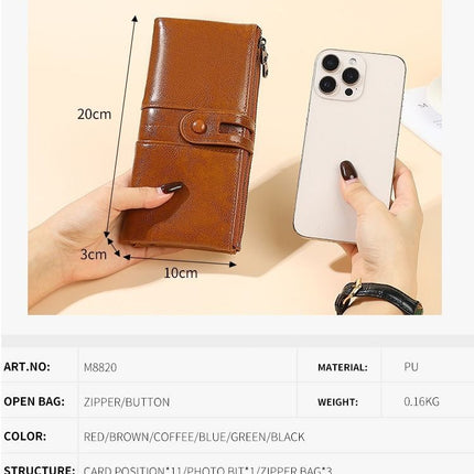 women's leather wallet, anti-skimming wallet, retro style wallet, Korean fashion wallet, long wallet for women, ladies accessory, RFID blocking wallet, genuine leather clutch - Brown - Size L