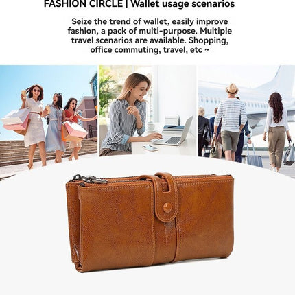 women's leather wallet, anti-skimming wallet, retro style wallet, Korean fashion wallet, long wallet for women, ladies accessory, RFID blocking wallet, genuine leather clutch - Brown - Size L