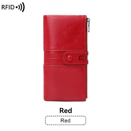 women's leather wallet, anti-skimming wallet, retro style wallet, Korean fashion wallet, long wallet for women, ladies accessory, RFID blocking wallet, genuine leather clutch - Green - Size L