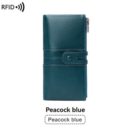 women's leather wallet, anti-skimming wallet, retro style wallet, Korean fashion wallet, long wallet for women, ladies accessory, RFID blocking wallet, genuine leather clutch - Green - Size L