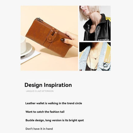 women's leather wallet, anti-skimming wallet, retro style wallet, Korean fashion wallet, long wallet for women, ladies accessory, RFID blocking wallet, genuine leather clutch - Green - Size L