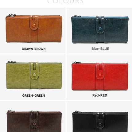 women's leather wallet, anti-skimming wallet, retro style wallet, Korean fashion wallet, long wallet for women, ladies accessory, RFID blocking wallet, genuine leather clutch - Green - Size L