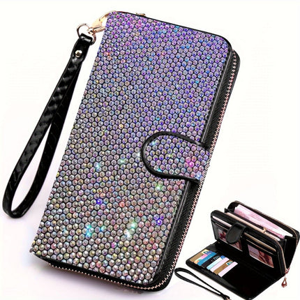 rhinestone card holder, checkbook clutch, rhinestone clutch, multiple card slots, sparkling accessory, glamorous wallet, crystal card case, protective cover, women's clutch, jewellery clutch - Black - Size L