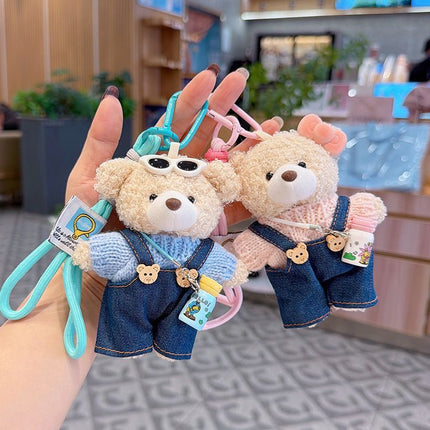 cute teddy bear keychain, teddy bear with suspenders, knitted sweater teddy bear, bag charm, quirky accessory, gift for teddy bear lovers - Blue - Size 1
