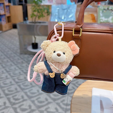 cute teddy bear keychain, teddy bear with suspenders, knitted sweater teddy bear, bag charm, quirky accessory, gift for teddy bear lovers - Pink - Size 1