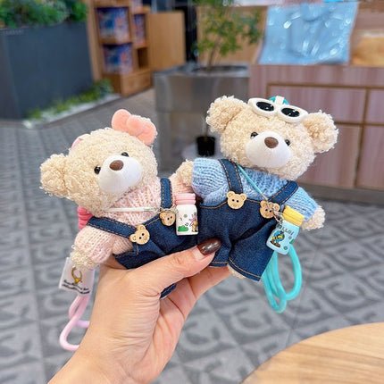 cute teddy bear keychain, teddy bear with suspenders, knitted sweater teddy bear, bag charm, quirky accessory, gift for teddy bear lovers - Pink - Size 1