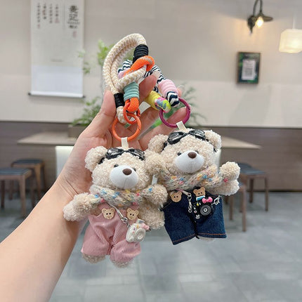 cute plush teddy bear keychain, scarf, overalls, Korean-style keychain, plush keychain, teddy bear accessory, small plushie, bag charm, gift for teen, Australian fashion accessoryv - Mocha - Size 1