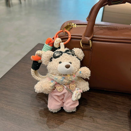 cute plush teddy bear keychain, scarf, overalls, Korean-style keychain, plush keychain, teddy bear accessory, small plushie, bag charm, gift for teen, Australian fashion accessoryv - Mocha - Size 1