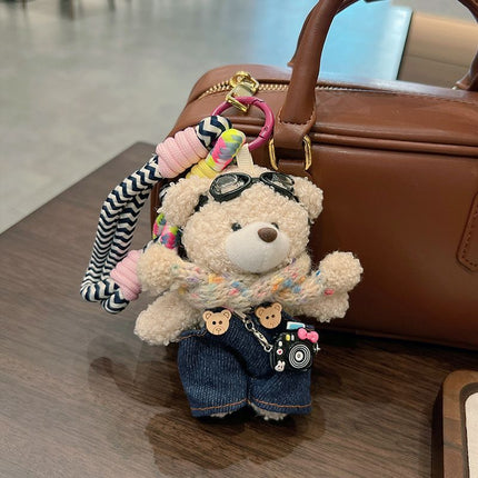 cute plush teddy bear keychain, scarf, overalls, Korean-style keychain, plush keychain, teddy bear accessory, small plushie, bag charm, gift for teen, Australian fashion accessoryv - Mocha - Size 1