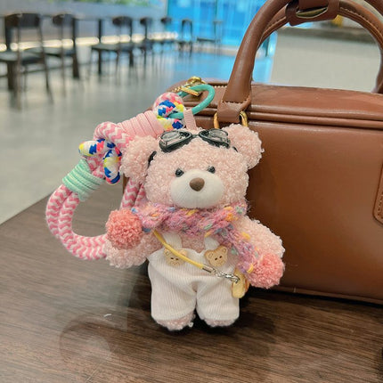 cute plush teddy bear keychain, scarf, overalls, Korean-style keychain, plush keychain, teddy bear accessory, small plushie, bag charm, gift for teen, Australian fashion accessoryv - Mocha - Size 1