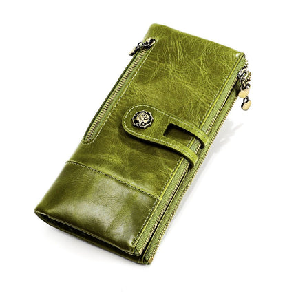 women's leather wallet, anti-skimming wallet, retro style wallet, Korean fashion wallet, long wallet for women, ladies accessory, RFID blocking wallet, genuine leather clutch - Blue - Size L
