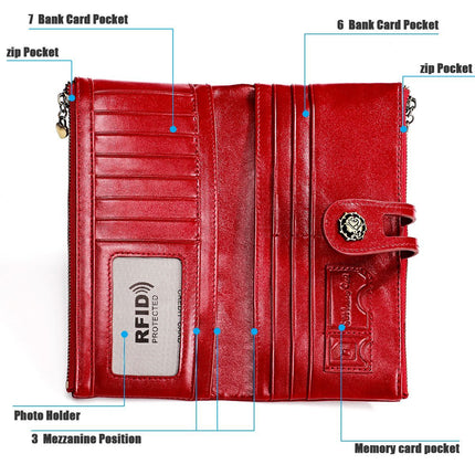 women's leather wallet, anti-skimming wallet, retro style wallet, Korean fashion wallet, long wallet for women, ladies accessory, RFID blocking wallet, genuine leather clutch - Blue - Size L