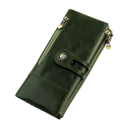 women's leather wallet, anti-skimming wallet, retro style wallet, Korean fashion wallet, long wallet for women, ladies accessory, RFID blocking wallet, genuine leather clutch - bottle green - Size L