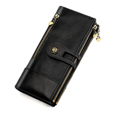 women's leather wallet, anti-skimming wallet, retro style wallet, Korean fashion wallet, long wallet for women, ladies accessory, RFID blocking wallet, genuine leather clutch - bottle green - Size L