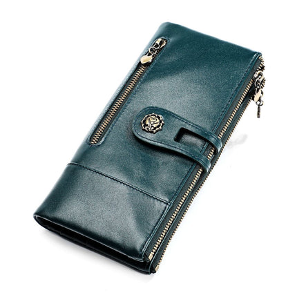 women's leather wallet, anti-skimming wallet, retro style wallet, Korean fashion wallet, long wallet for women, ladies accessory, RFID blocking wallet, genuine leather clutch - bottle green - Size L