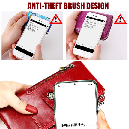 women's leather wallet, anti-skimming wallet, retro style wallet, Korean fashion wallet, long wallet for women, ladies accessory, RFID blocking wallet, genuine leather clutch - bottle green - Size L