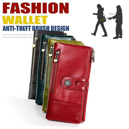 women's leather wallet, anti-skimming wallet, retro style wallet, Korean fashion wallet, long wallet for women, ladies accessory, RFID blocking wallet, genuine leather clutch - Green - Size L