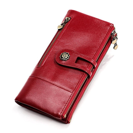 women's leather wallet, anti-skimming wallet, retro style wallet, Korean fashion wallet, long wallet for women, ladies accessory, RFID blocking wallet, genuine leather clutch - Green - Size L